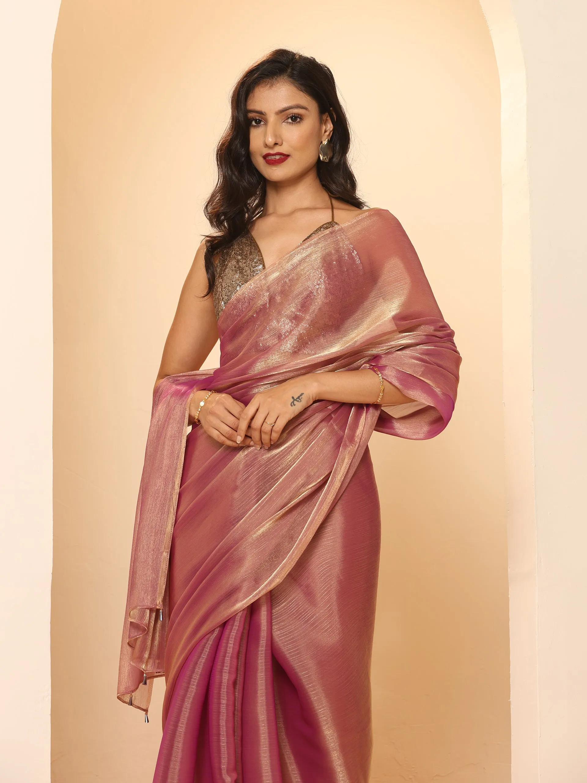 Purple Galaxy Mettalic Chiffon Saree with Beads