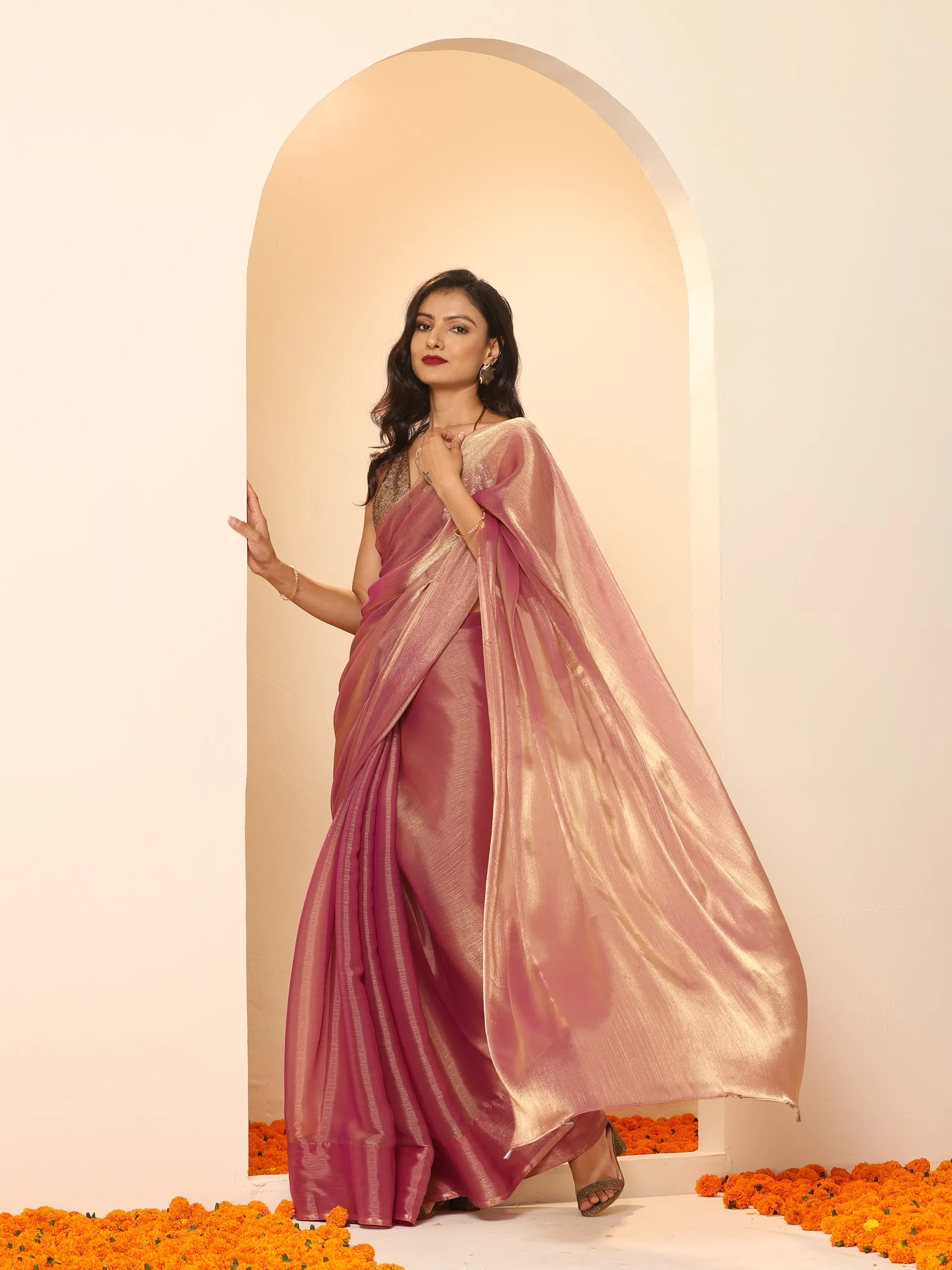 Purple Galaxy Mettalic Chiffon Saree with Beads