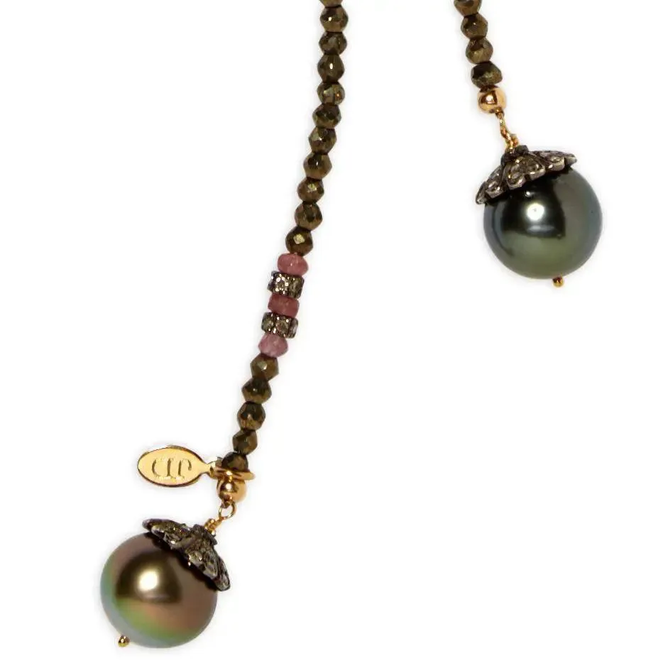 Pyrite and Golden Peacock Tahitian Pearl Classic Gemstone Lariat
