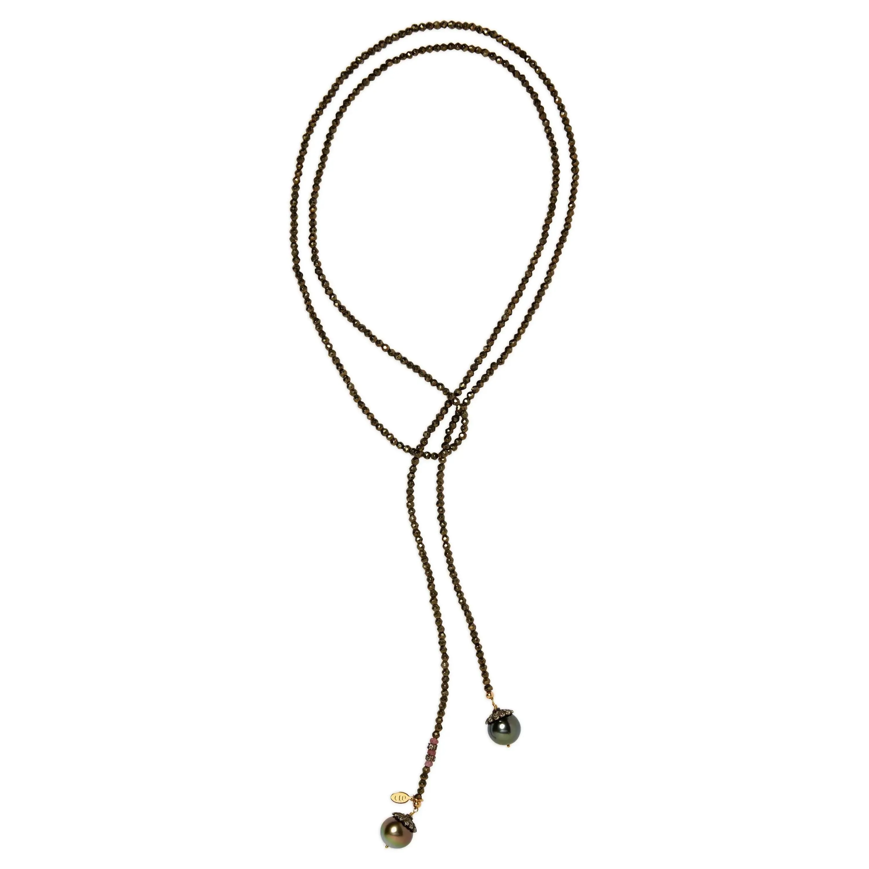 Pyrite and Golden Peacock Tahitian Pearl Classic Gemstone Lariat