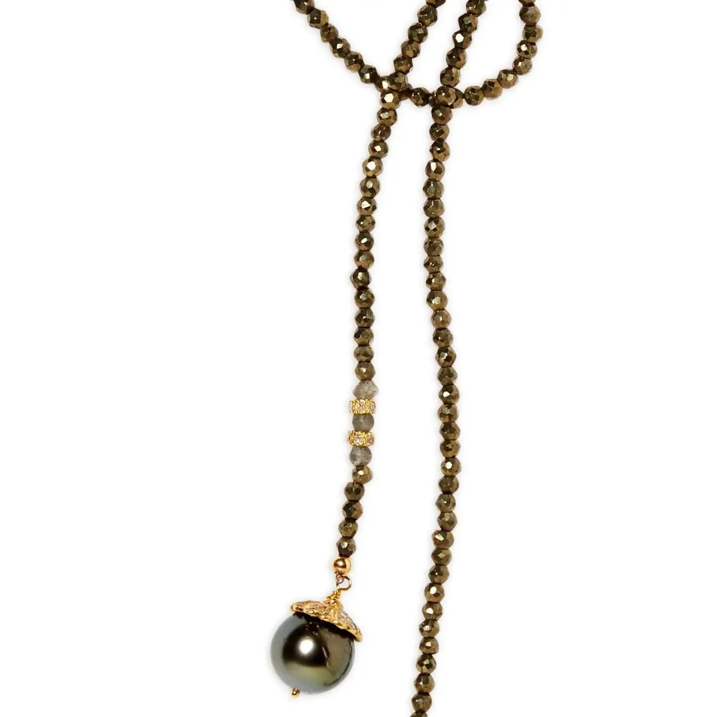Pyrite and Peacock Tahitian Pearl Classic Gemstone Lariat