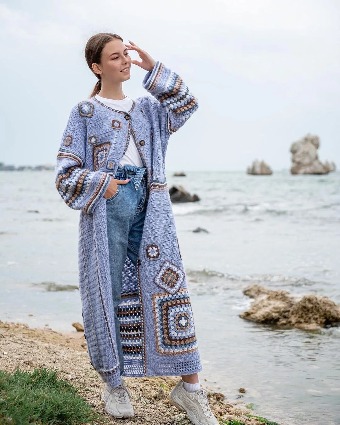 "Embrace Comfort" Boho Cardigan with Granny Square Patterns