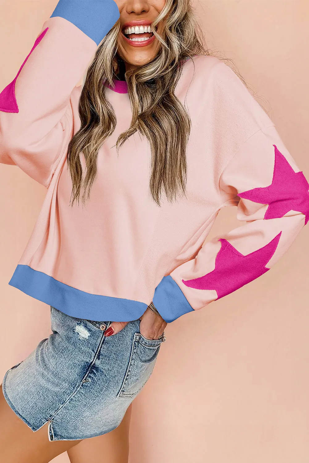 Reaching For The Stars Light Pink Star Patchwork Oversized Sweatshirt Top