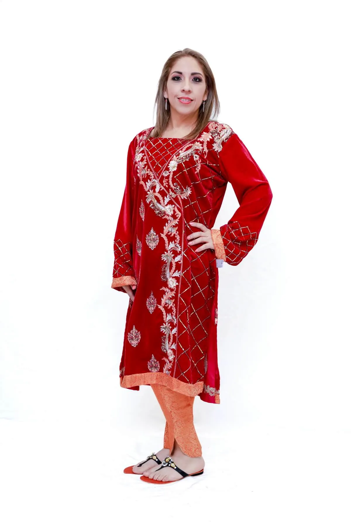 Red & Orange Velvet Salwar Kameez Suit
