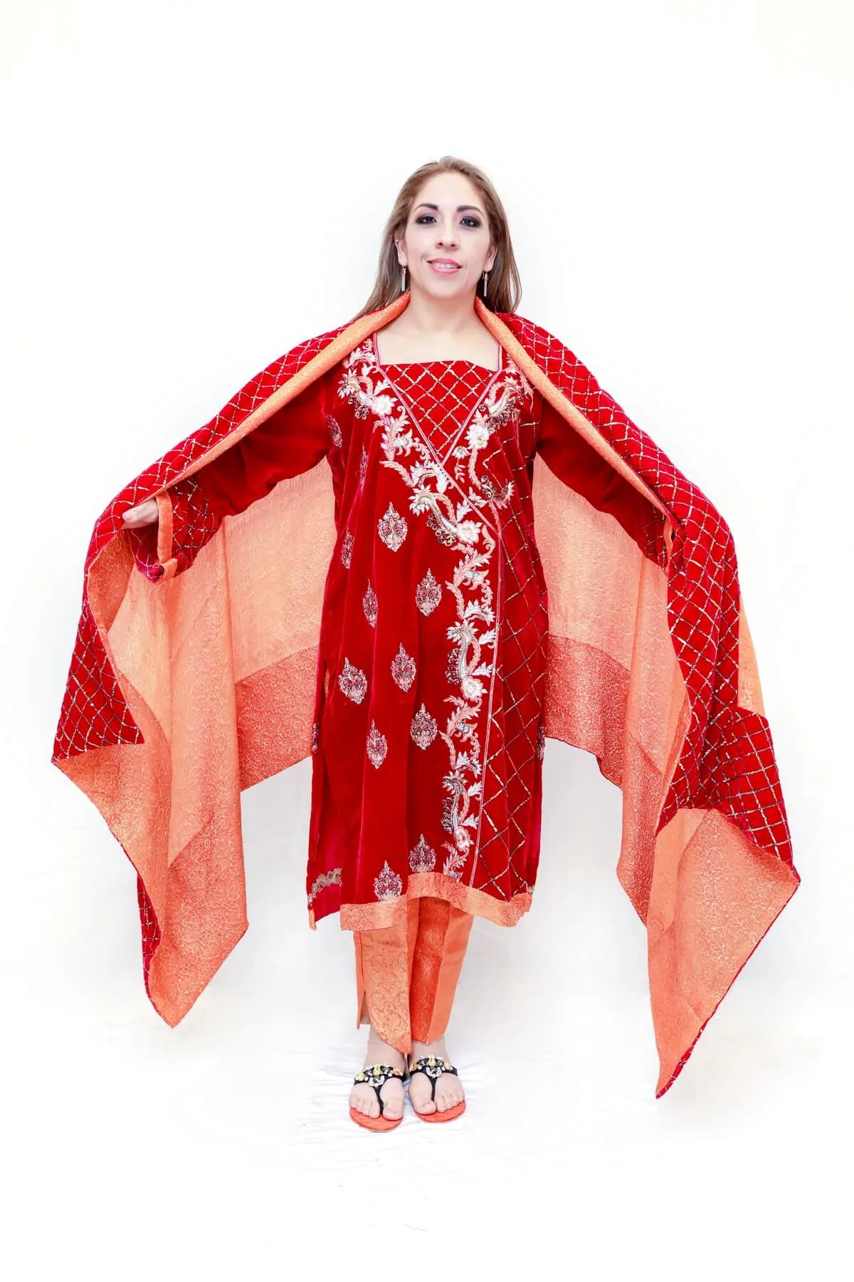 Red & Orange Velvet Salwar Kameez Suit