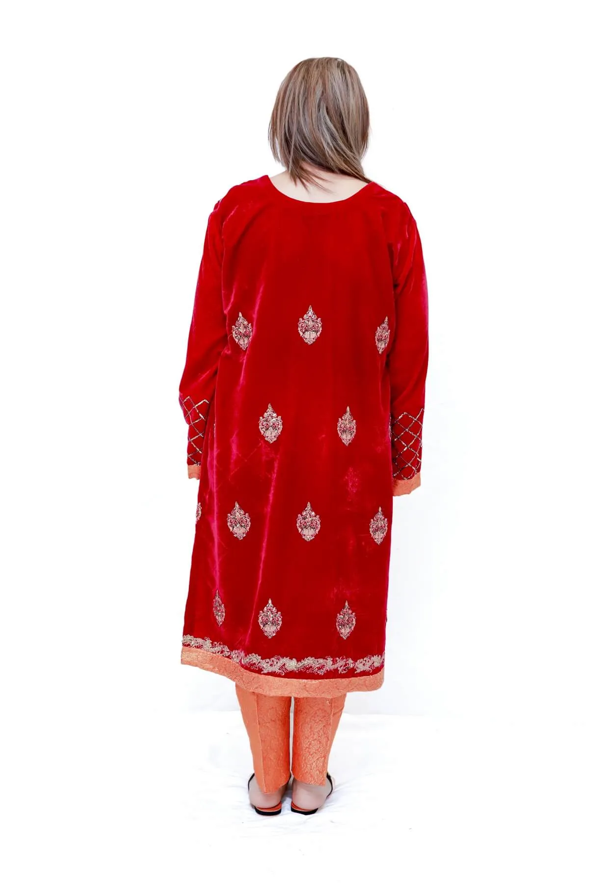 Red & Orange Velvet Salwar Kameez Suit