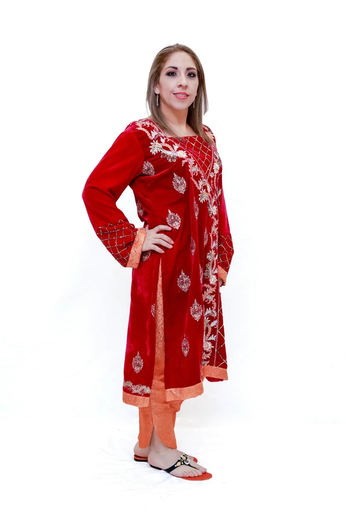 Red & Orange Velvet Salwar Kameez Suit