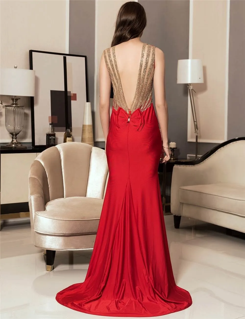 Red Backless Formal Evening Dress With Golden Strap