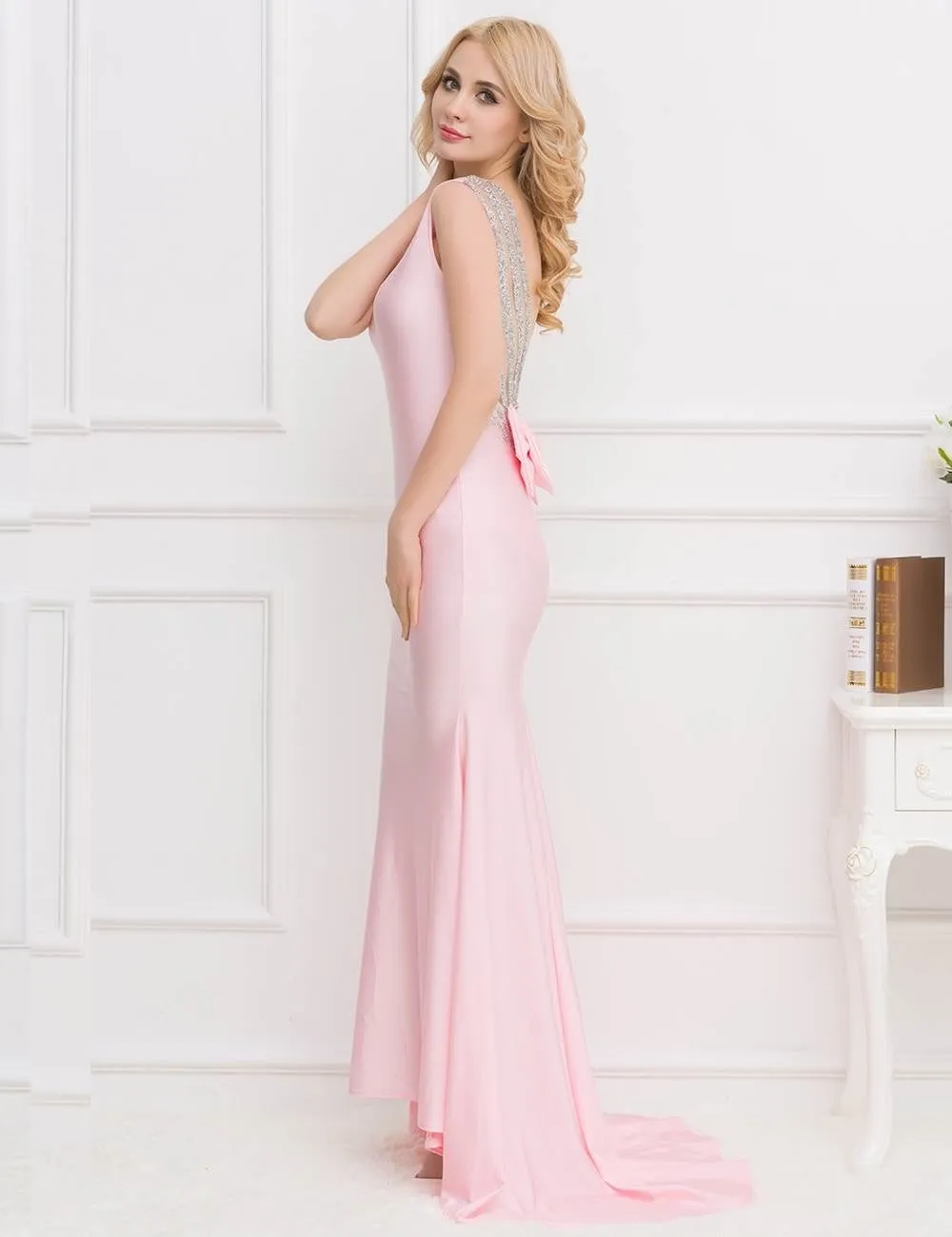 Red Backless Formal Evening Dress With Golden Strap