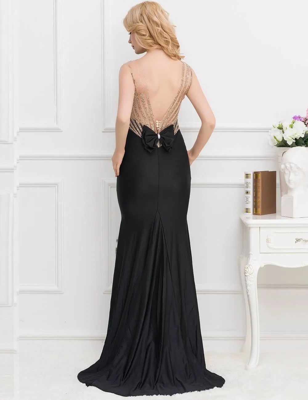 Red Backless Formal Evening Dress With Golden Strap
