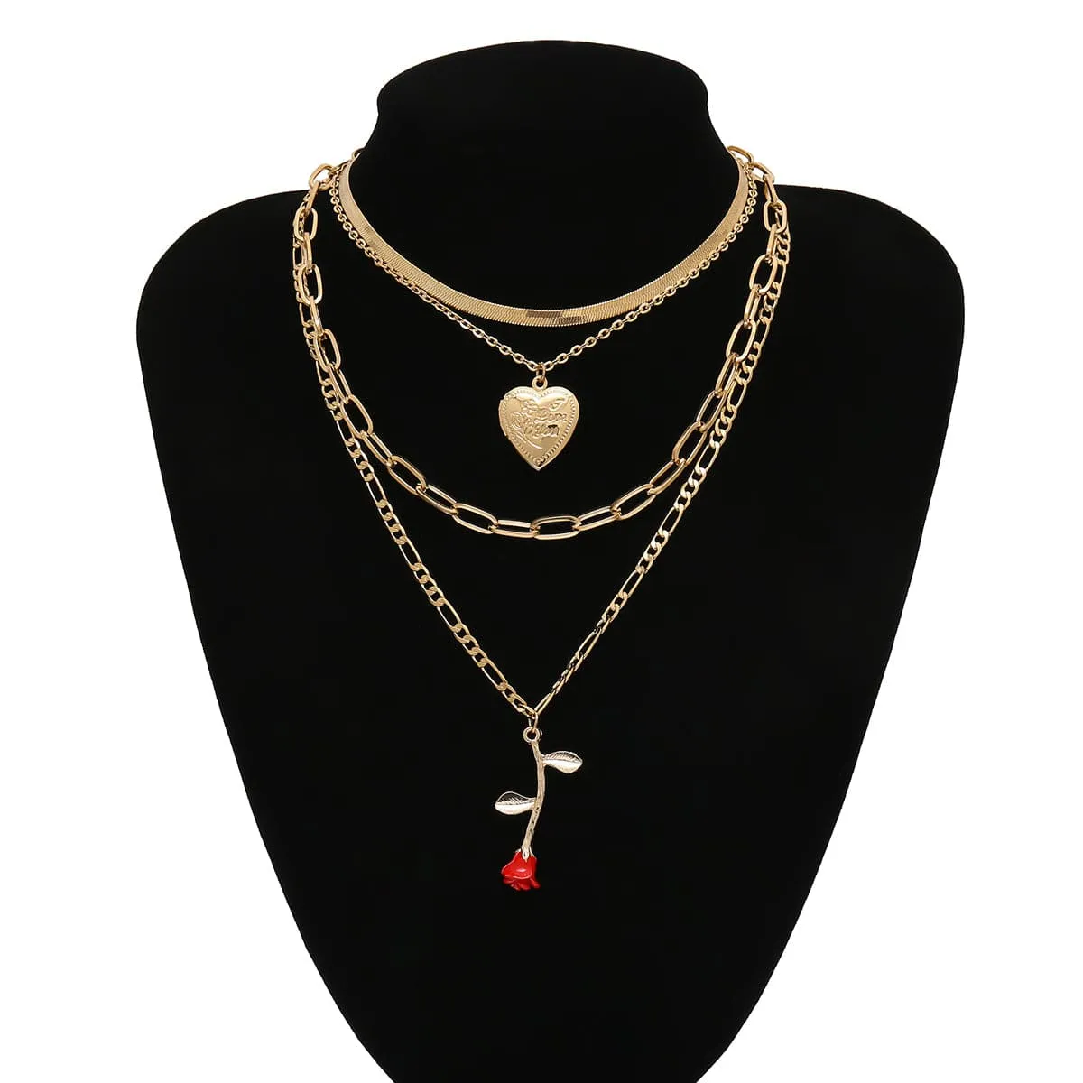 Red Enamel & 18K Gold-Plated Rose Heart Layered Pendant Necklace