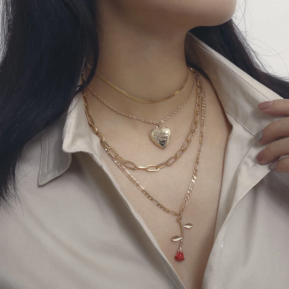 Red Enamel & 18K Gold-Plated Rose Heart Layered Pendant Necklace
