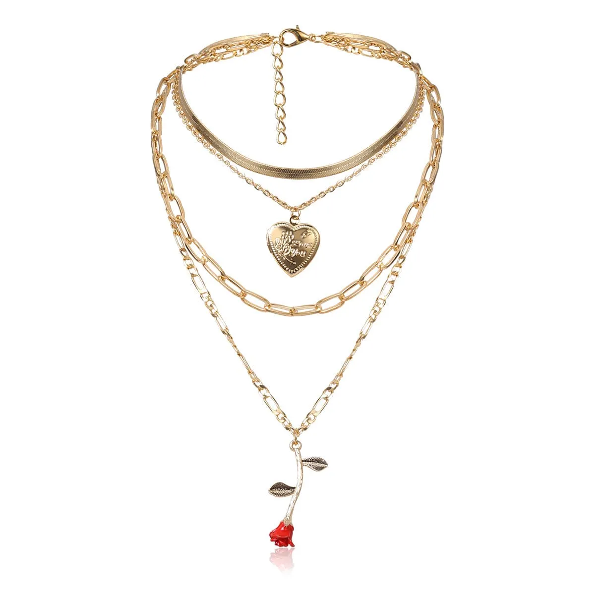 Red Enamel & 18K Gold-Plated Rose Heart Layered Pendant Necklace