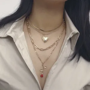 Red Enamel & 18K Gold-Plated Rose Heart Layered Pendant Necklace