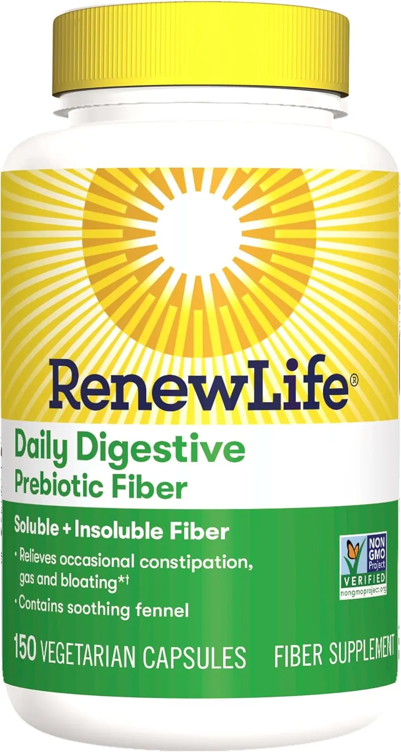 Renew Life Adult Daily Digestive Prebiotic Fiber, 150 Vegetarian Capsules (Package May Vary)