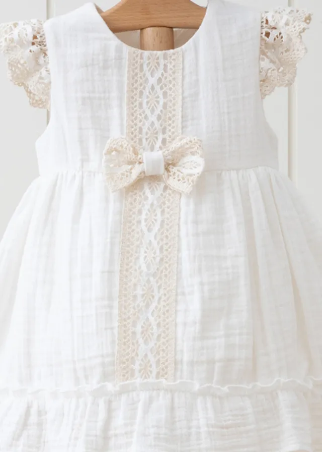 Rochie din Muselina Ivory cu Aplicatie de Macrame si Funda in Talie 3896 MyMio