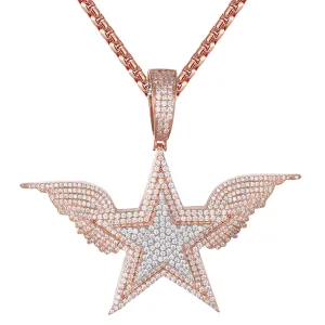 Rose Gold Tone Star Angel Wings Sterling Silver Icy Micro Pave Hip Hop Rapper Style Pendant Tennis Chain