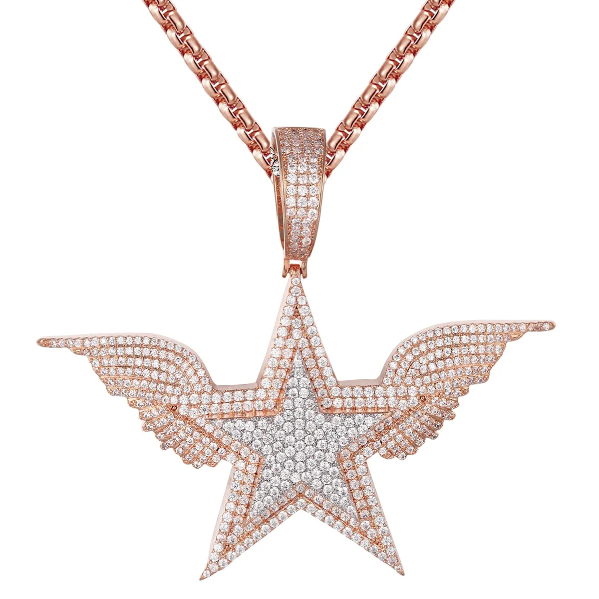 Rose Gold Tone Star Angel Wings Sterling Silver Icy Micro Pave Hip Hop Rapper Style Pendant Tennis Chain