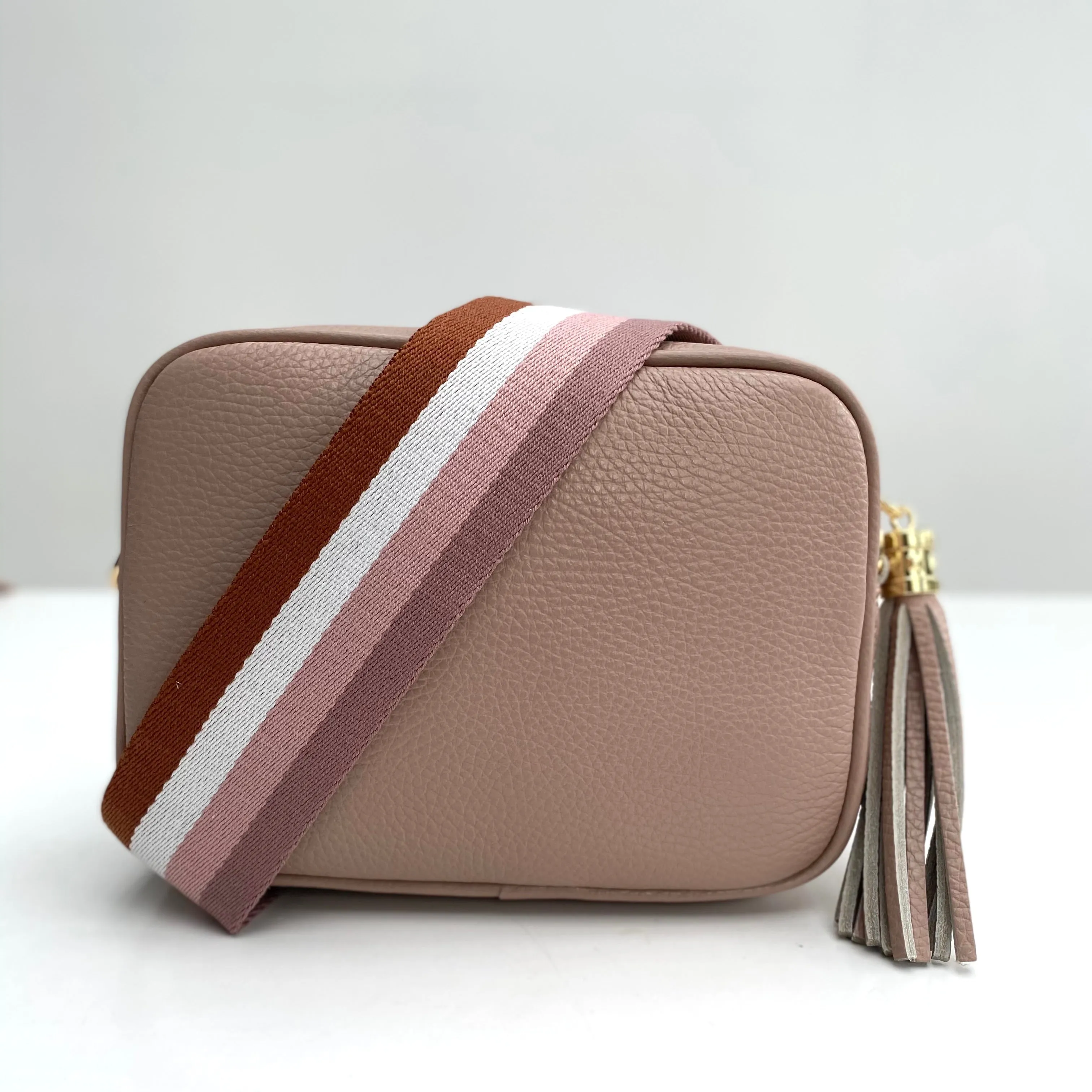 Rose Pink Leather Tassel Cross Body Bag