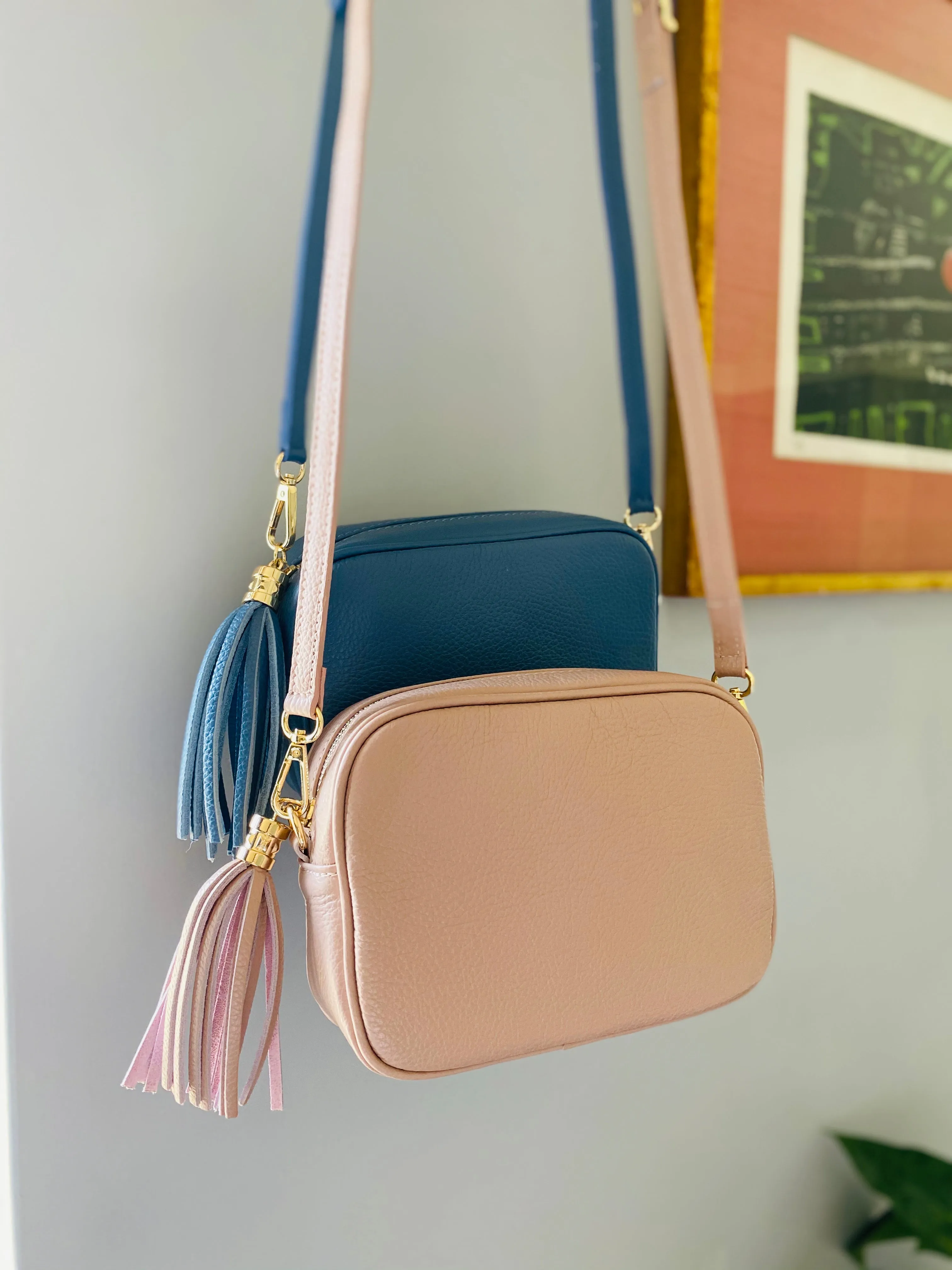 Rose Pink Leather Tassel Cross Body Bag