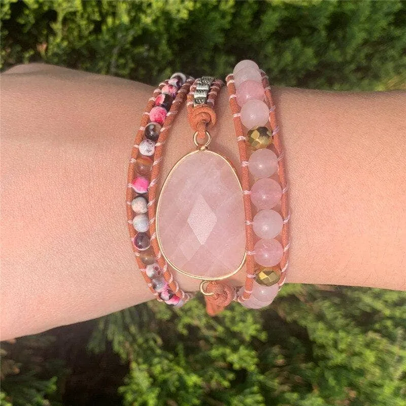 Rose Quartz Stone 3 Strands Bohemian Bracelet