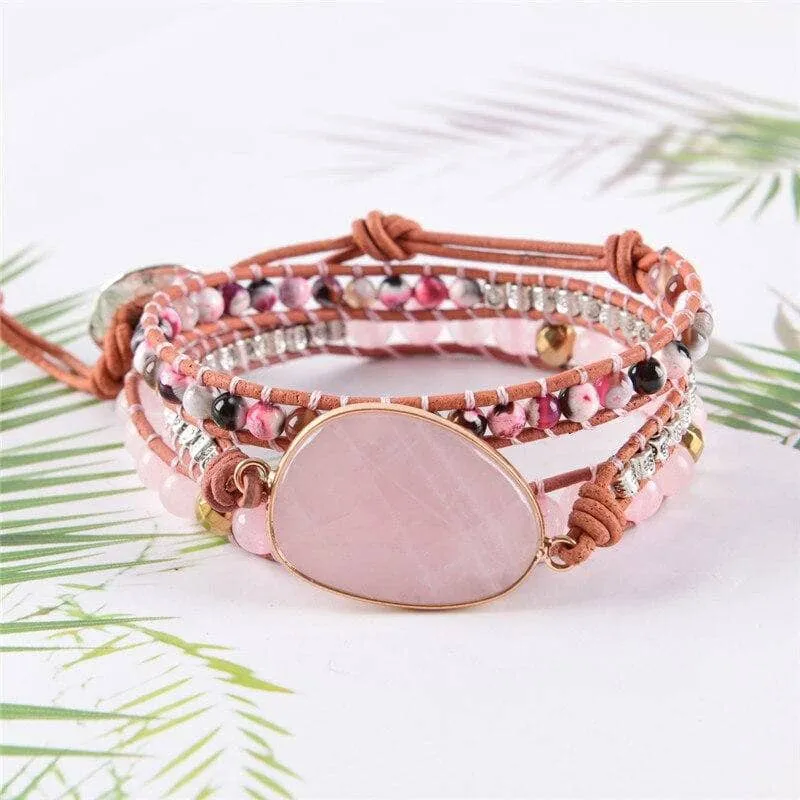 Rose Quartz Stone 3 Strands Bohemian Bracelet