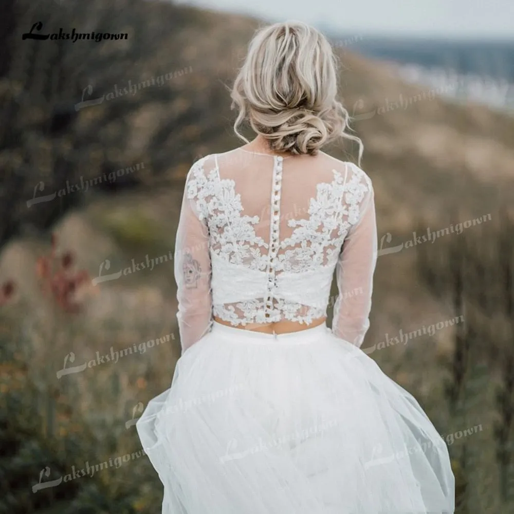 Roycebridal Boho Organza And Tulle A-Line Wedding Dresses Two Piece O-Neck Long Sleeve Court Train Bride Gowns Appliques Lace Pleats Elegant
