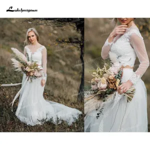 Roycebridal Boho Organza And Tulle A-Line Wedding Dresses Two Piece O-Neck Long Sleeve Court Train Bride Gowns Appliques Lace Pleats Elegant