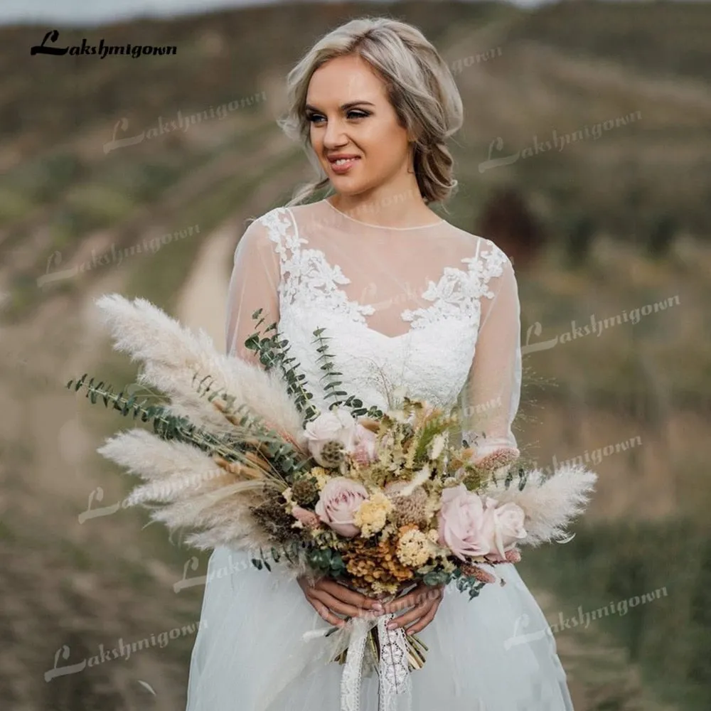 Roycebridal Boho Organza And Tulle A-Line Wedding Dresses Two Piece O-Neck Long Sleeve Court Train Bride Gowns Appliques Lace Pleats Elegant