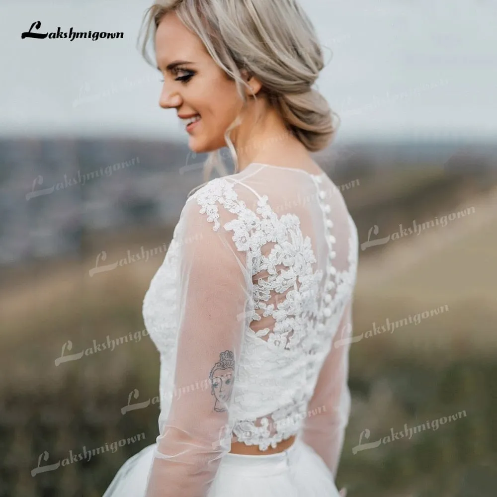Roycebridal Boho Organza And Tulle A-Line Wedding Dresses Two Piece O-Neck Long Sleeve Court Train Bride Gowns Appliques Lace Pleats Elegant