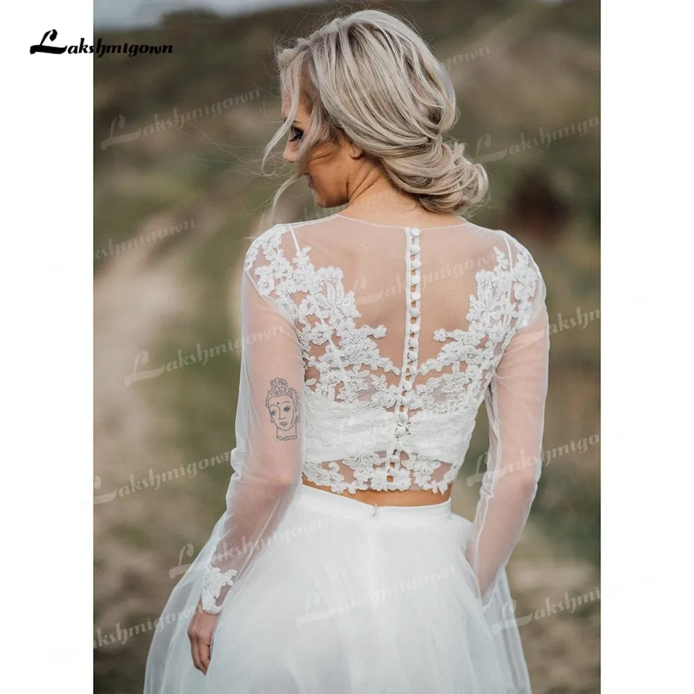 Roycebridal Boho Organza And Tulle A-Line Wedding Dresses Two Piece O-Neck Long Sleeve Court Train Bride Gowns Appliques Lace Pleats Elegant