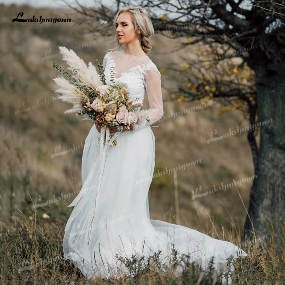 Roycebridal Boho Organza And Tulle A-Line Wedding Dresses Two Piece O-Neck Long Sleeve Court Train Bride Gowns Appliques Lace Pleats Elegant