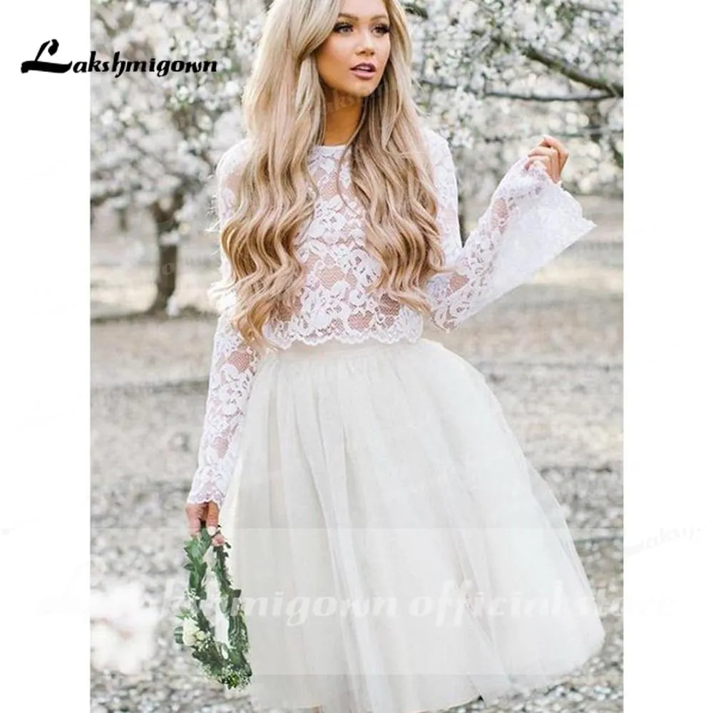 Roycebridal Long Sleeve Lace O Neck Short Bohemia Style Wedding Dresses