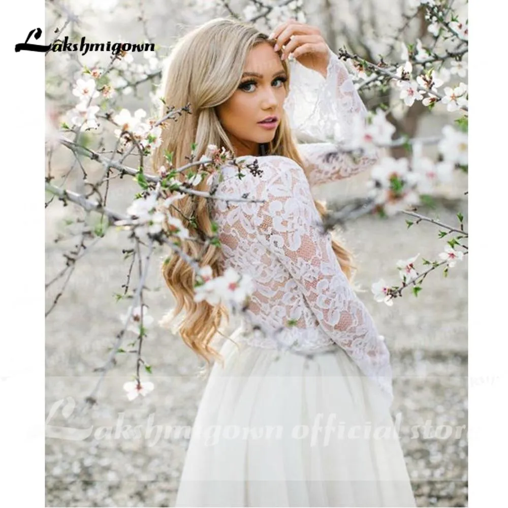 Roycebridal Long Sleeve Lace O Neck Short Bohemia Style Wedding Dresses