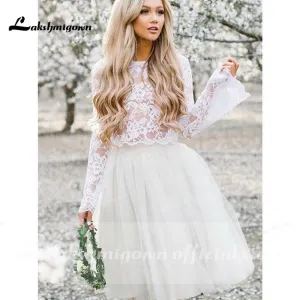 Roycebridal Long Sleeve Lace O Neck Short Bohemia Style Wedding Dresses