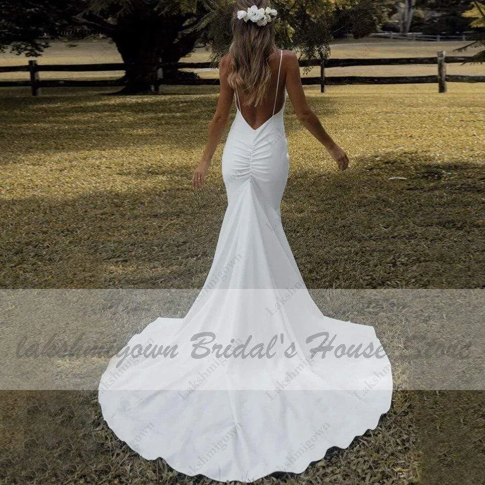 Roycebridal Lovely Satin Wedding Dress Backless Spaghetti Straps Elegant