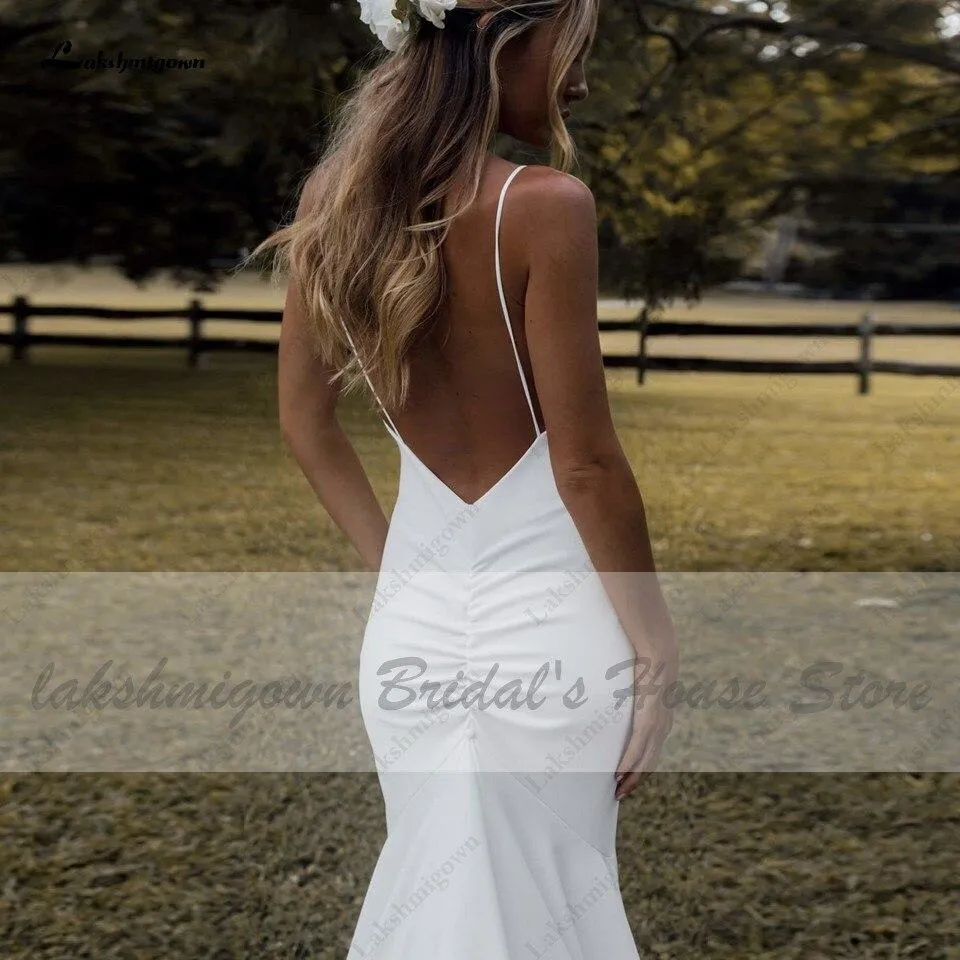 Roycebridal Lovely Satin Wedding Dress Backless Spaghetti Straps Elegant