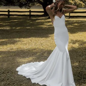 Roycebridal Lovely Satin Wedding Dress Backless Spaghetti Straps Elegant