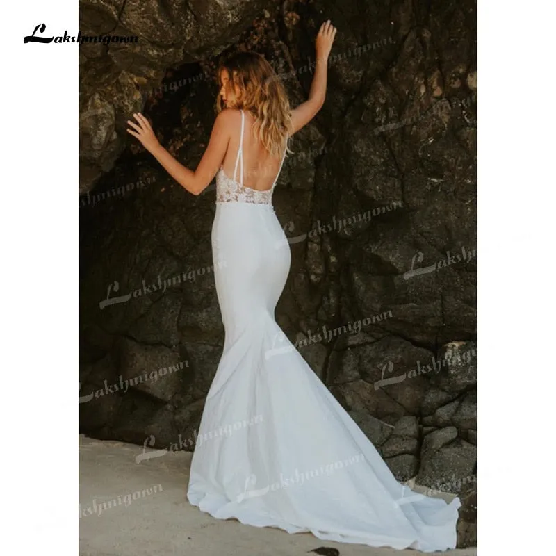 Roycebridal Mermaid Soft Satin Wedding Dresses Spaghetti Straps Sleeveless Sexy Low V-Neck Beading Lace Appliques Cathedral Train Bride Gown