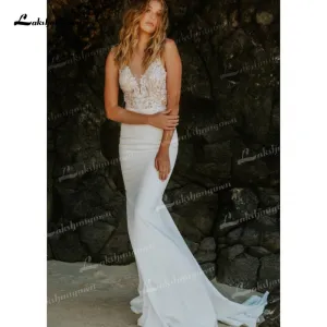 Roycebridal Mermaid Soft Satin Wedding Dresses Spaghetti Straps Sleeveless Sexy Low V-Neck Beading Lace Appliques Cathedral Train Bride Gown