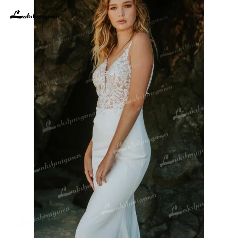 Roycebridal Mermaid Soft Satin Wedding Dresses Spaghetti Straps Sleeveless Sexy Low V-Neck Beading Lace Appliques Cathedral Train Bride Gown