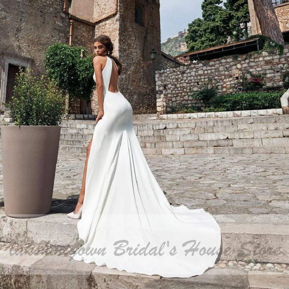 Roycebridal Robe Satin Wedding Dress Sexy Mermaid Backless