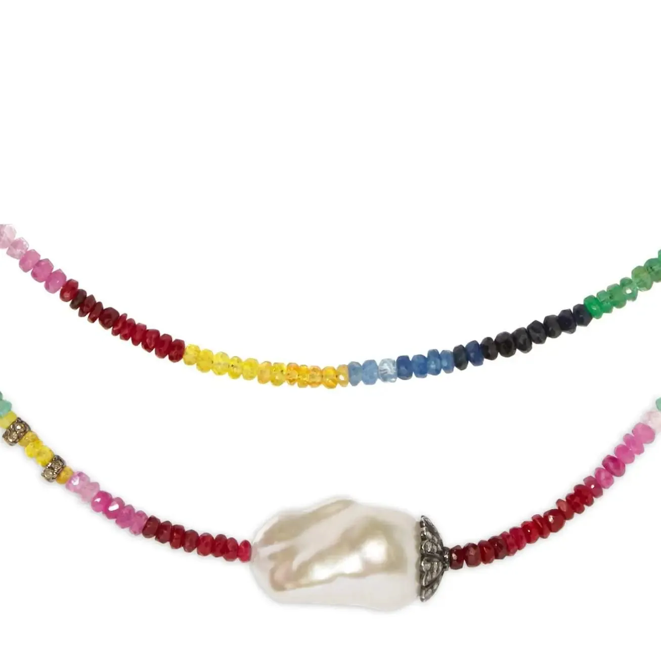 Ruby, Emerald, and Sapphire Diamond Baroque Pearl Necklace