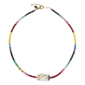 Ruby, Emerald, and Sapphire Diamond Baroque Pearl Necklace