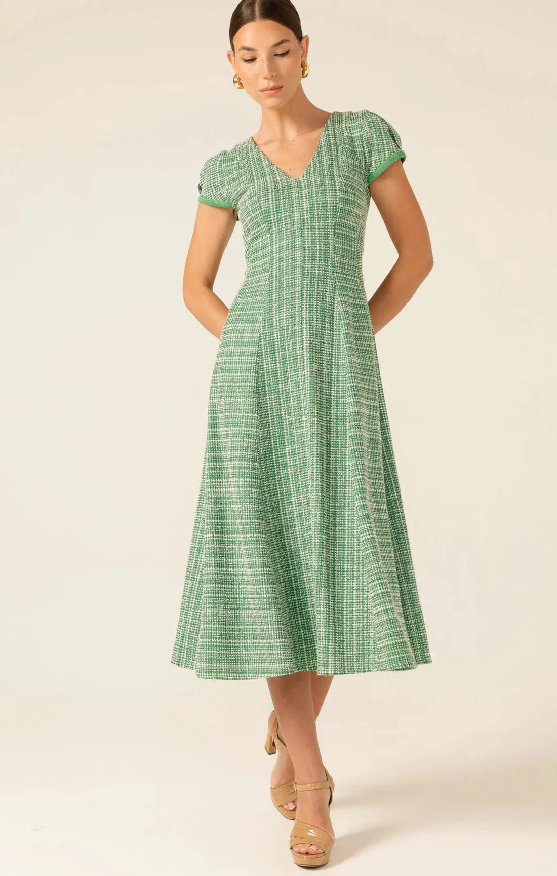 Sacha Drake - Harmony Haven Tweed Midi Dress - Green Ivory Tweed