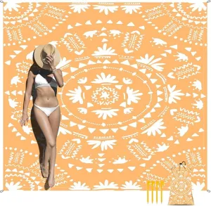Sandproof Waterproof Beach Blanket, 78''×86'' Large Foldable Picnic Blankets for 1-4 Adults w/ 4 Stakes & 4 Pockets, Polyester Lightweight Sand Free Boho Outdoor Beach Mat for Camping, Hiking, Travel