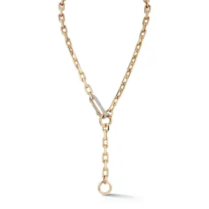 SAXON 18K GOLD CHAIN LINK NECKLACE WITH ELONGATED DIAMOND LINK CLASP AND REMOVABLE EXTENSION CHAIN