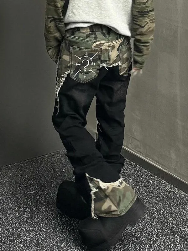 Schwarze Vintage Camouflage Patchwork Schlagjeans