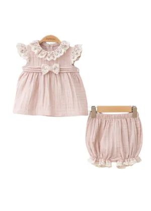 Set 2 Piese Top si Pantaloni Scurti din Bumbac Somon cu Dantela Macrame 3916 MyMio