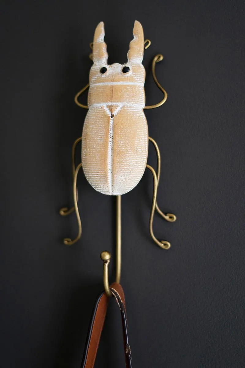 Set of 3 Carved Wood and Wire Beetle Wall Hooks